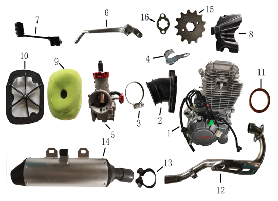 Двигатель, патрубок, карбюратор, кикстартер, педаль, звезда ведущая, крышка звезды, глушитель